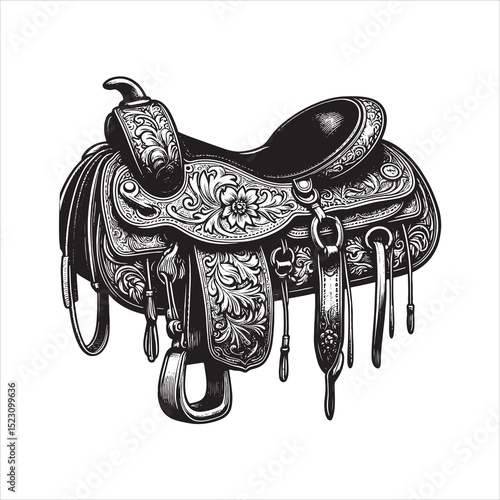 Western Saddle on Fence – Vintage Cowboy Culture Line Art