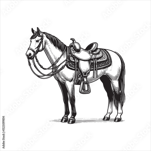 Western Saddle on Fence – Vintage Cowboy Culture Line Art