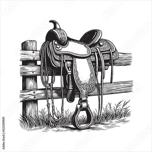 Western Saddle on Fence – Vintage Cowboy Culture Line Art
