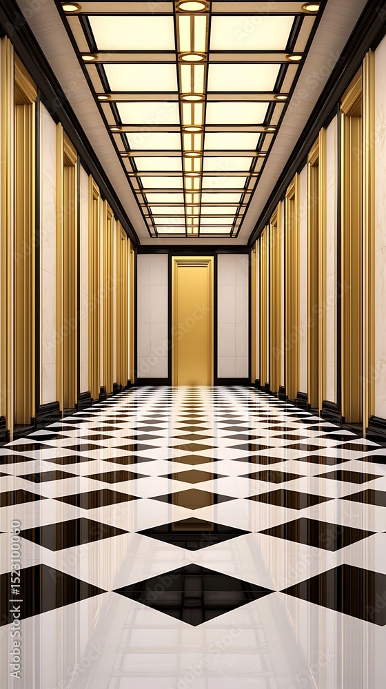Fototapeta premium Elegant hallway with checkered floor, golden doors, and illuminated ceiling: creating a luxurious interior perspective.