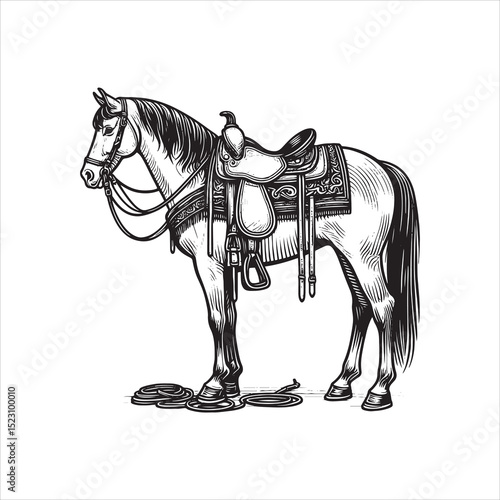 Western Saddle on Fence – Vintage Cowboy Culture Line Art