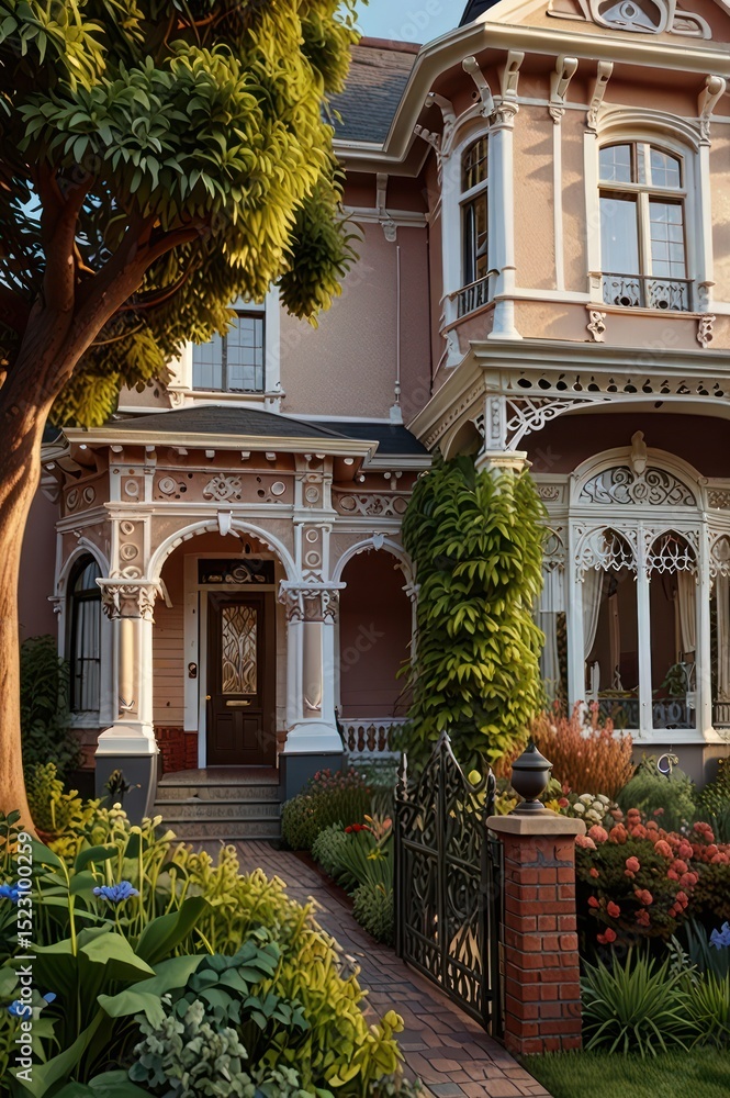 Fototapeta premium Victorian house with ornate details, lush landscaping