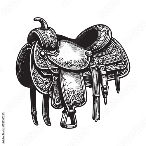 Western Saddle on Fence – Vintage Cowboy Culture Line Art