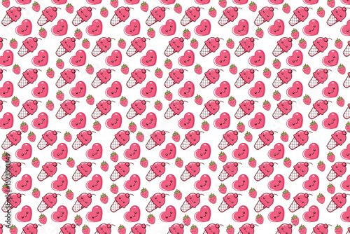 Cute Summer Fruit Ice Cream Pattern Seamless Background, Kawaii Strawberry Lime Illustration Design for Fabric, Wallpaper, Stationery, Packaging, Digital Paper Prints