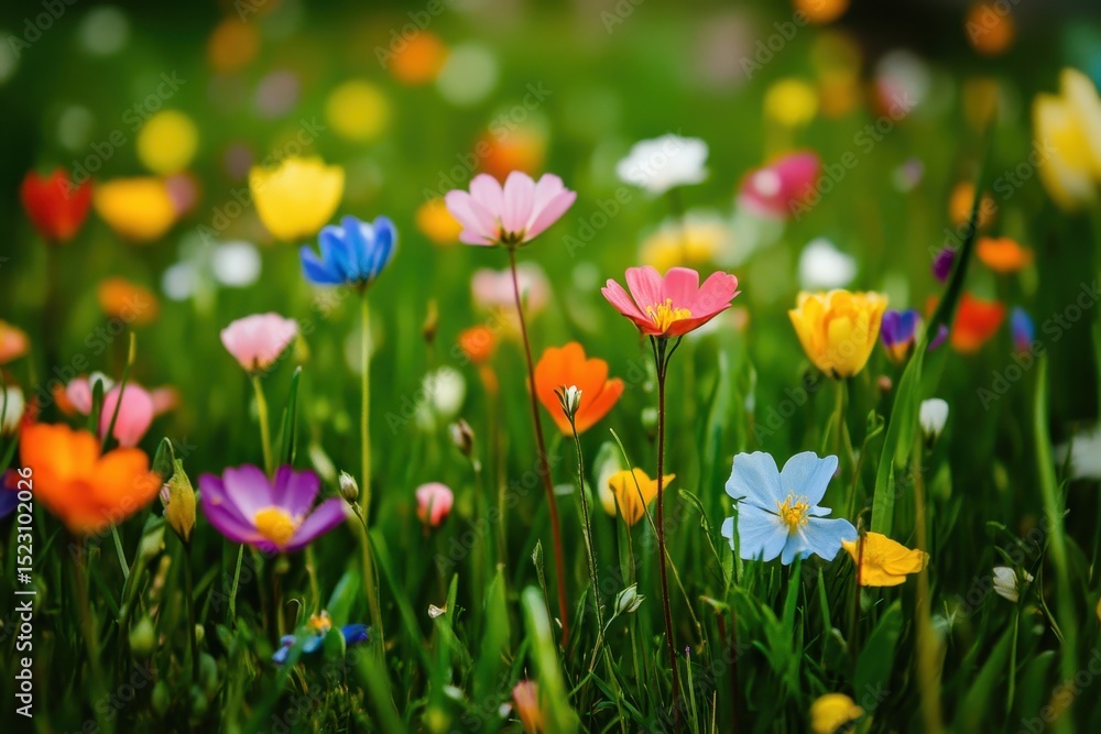 Obraz premium Brightly colored wildflowers bloom in a sunny meadow during springtime