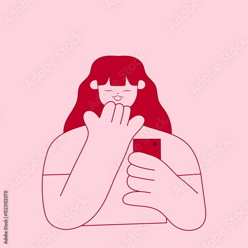 woman holding phone and laughing with hand over mouth