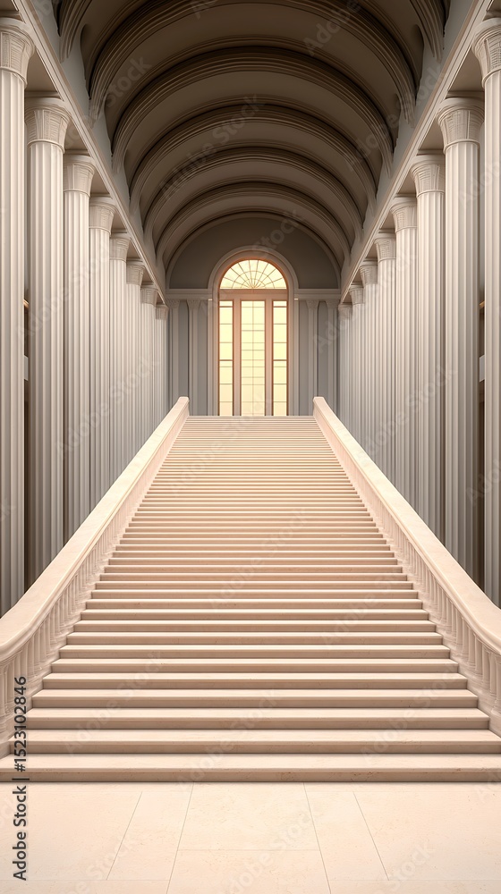 Obraz premium Grand Marble Staircase Leading to Arched Window, Flanked by Classic Columns and Vaulted Ceiling Architecture.
