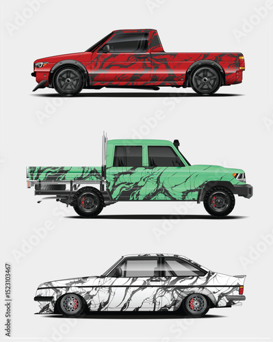 Three Custom Designed Vehicles with Abstract Marble Wraps