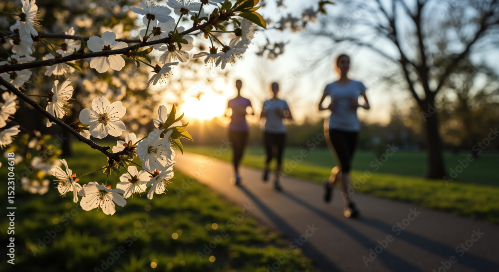 Obraz premium White cherry blossoms with three runners jogging in park during golden hour. Spring flowers on tree branches with people exercising on pathway. Outdoor fitness concept. Running club, health coaching