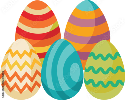 Colorful floral painted Easter eggs, element set on transparent background