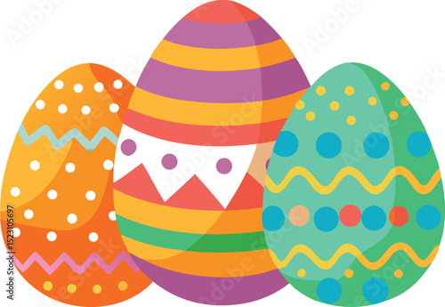 Colorful floral painted Easter eggs, element set on transparent background