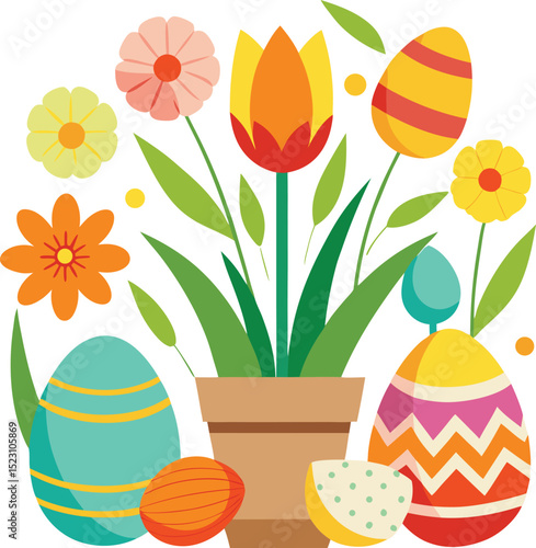 Colorful floral painted Easter eggs, element set on transparent background
