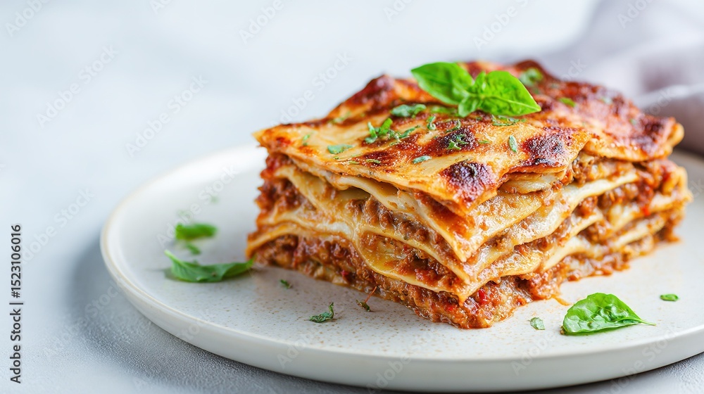 Lasagna layers neatly arranged on a white plate, adorned with fresh green leaves Lasagna layers neatly arranged on a white plate, adorned with fresh green leaves