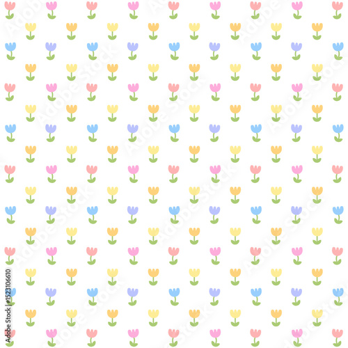 Colorful pastel tulip flowers and green leaves on white background.Sweet wallpaper.Surface for textile.Decoration ornament for fabric or cloth.Cute wrapping paper.Summer or spring.Vector illustration.