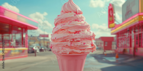 Ice Cream Stacked High with Sprinkles in Pink Cone at Restaurant