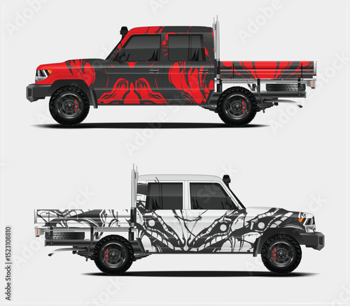 Two Custom Designed Pickup Trucks with Abstract Wrap Designs