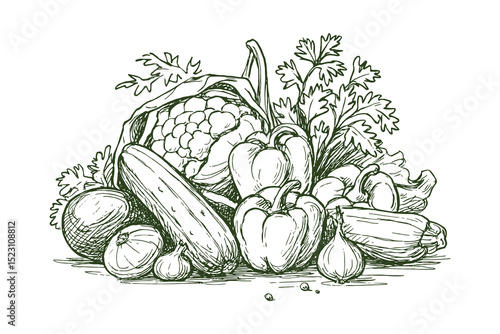Vegetables in basket hand-drawn sketch style vector illustration