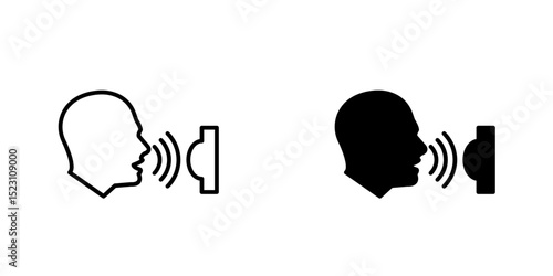 Voice control icon, Set of voice control icons. Podcaster symbol, talking command, sound commander. Talk or talking person sign, man with open mouth. Speech icon for interview, vector.