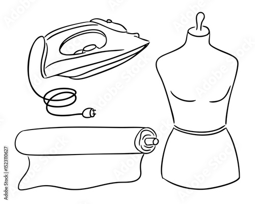 Vector illustration of iron, mannequin and fabric roll on white background. Sewing and tailoring concept representing fashion design and garment creation in hand drawn style