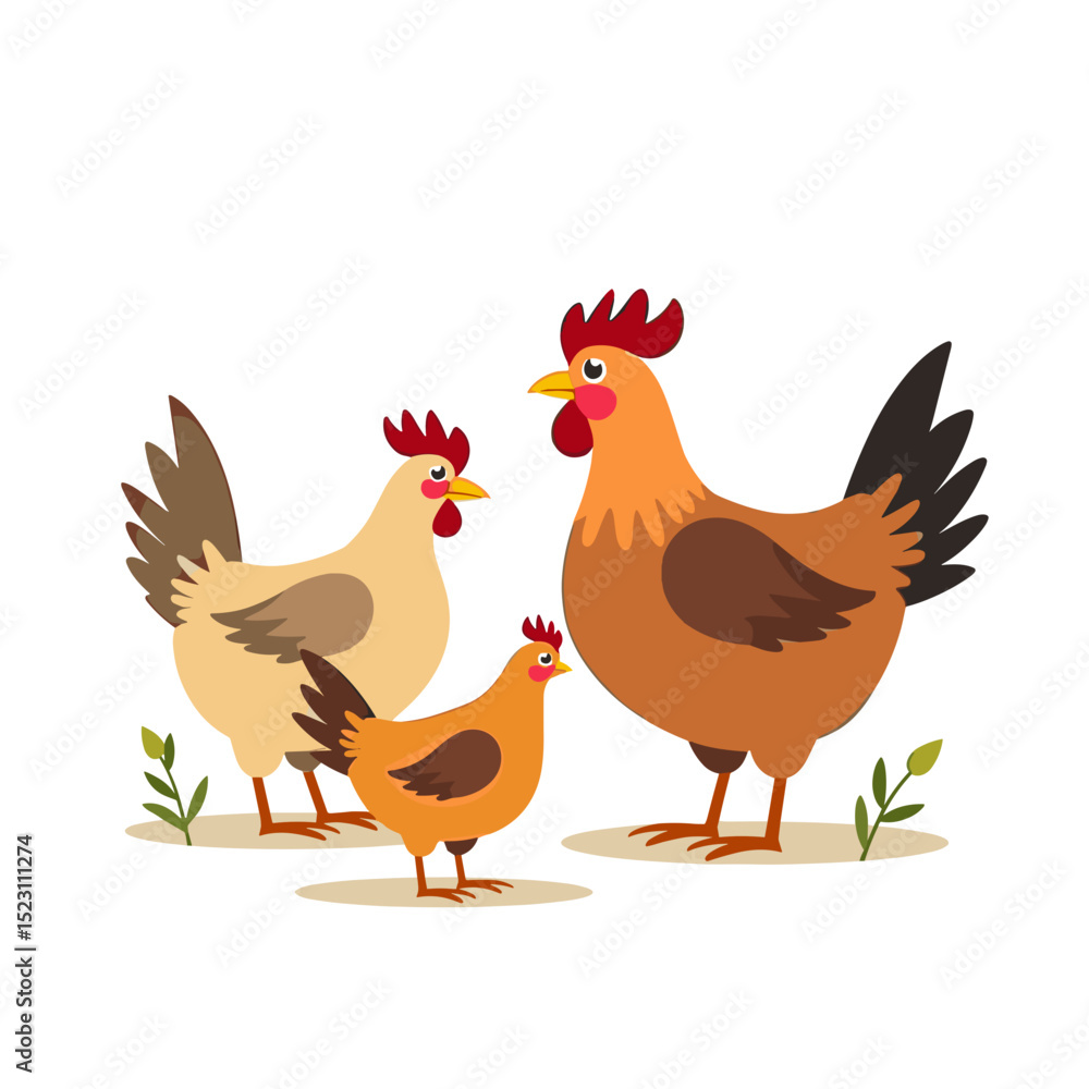 Cartoon Illustration of a Rooster, Hen, and Chick Standing Together in a Farm Setting Cartoon Illustration of a Rooster, Hen, and Chick Standing Together in a Farm Setting