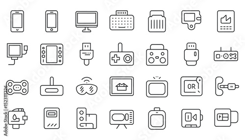 This music web icon set includes symbols for communication, media, and business design