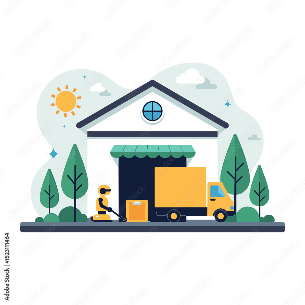 Obraz premium Delivery Service Illustration: Worker Loading Boxes onto a Truck at a Warehouse for Fast Shipping