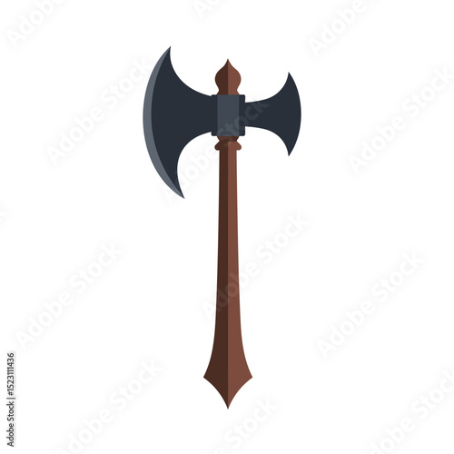 Vector Illustration of a Medieval Double Bladed Axe with Wooden Handle and Dark Gray Blades