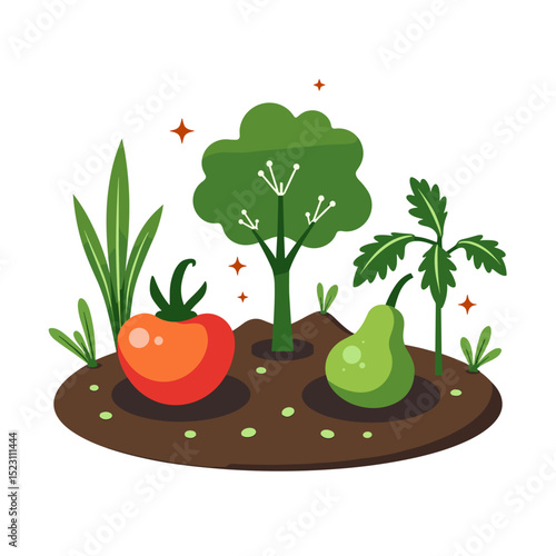 Vibrant Garden Illustration with Tomato, Pear, and Trees Growing in Fertile Soil