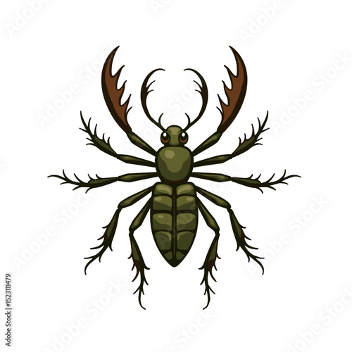 Detailed Illustration of a Green Stag Beetle with Prominent Mandibles on White Background