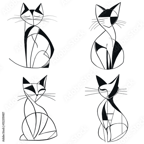 A black and white vector clipart set of four cats in various poses, illustrated in a minimalist cubist style. These simple line drawings combine abstract geometric shapes with expressive feline forms