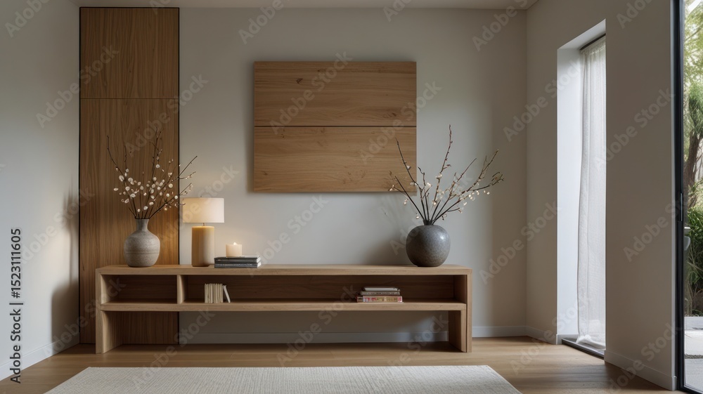 Fototapeta premium Light-filled entryway with warm wood tones.