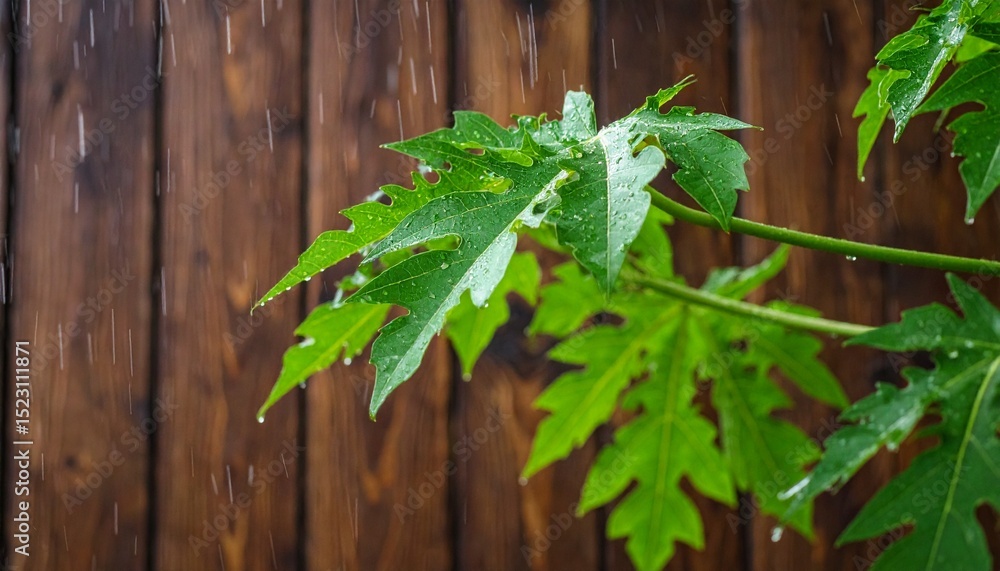Tropical Rainfall Soaking Papaya Tree Leaves in Rural Garden – Fresh Water Cascading Through Lush Green Foliage During Monsoon Season in a Serene Countryside Setting Tropical Rainfall Soaking Papaya Tree Leaves in Rural Garden – Fresh Water Cascading Through Lush Green Foliage During Monsoon Season in a Serene Countryside Setting