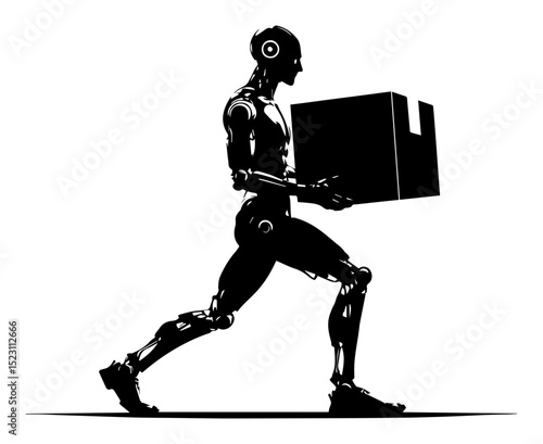 A black and white silhouette of a robot carrying a box on a white isolated background. Vector graphics. EPS.