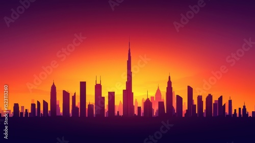 Urban Skyline at Sunset with Vibrant Colors and Silhouetted Buildings Reflecting Modern Architecture in Beautiful Twilight