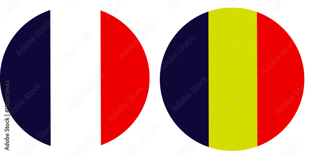 Fototapeta premium France Official flag with Romania national flag, both countries flags in Round shape and isolated on white background Circular colorful design Flag with together.