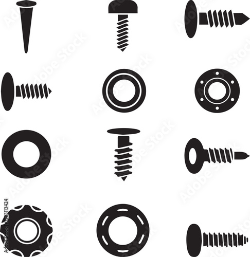 A clean black vector silhouette set of six fasteners for technical or industrial use: nail, screw, bolt, nut, washer, rivet.