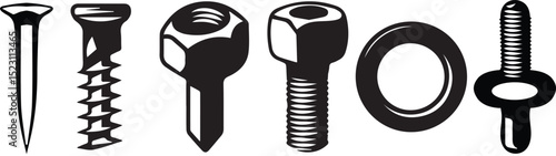 A clean black vector silhouette set of six fasteners for technical or industrial use: nail, screw, bolt, nut, washer, rivet.