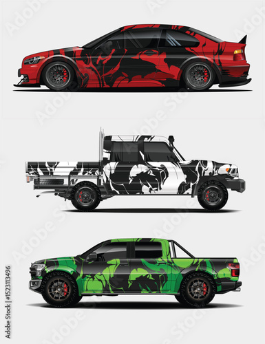 Three Unique Car and Truck Designs with Abstract Wraps
