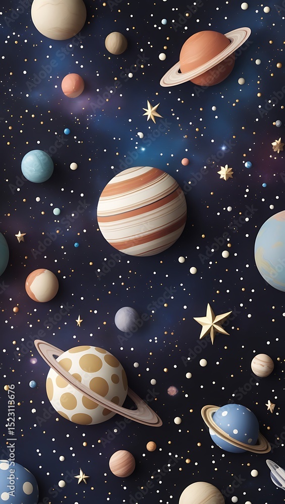 Cosmic Dreamscape Whimsical Planets and Stars in a 3D Galaxy Illustration Cosmic Dreamscape Whimsical Planets and Stars in a 3D Galaxy Illustration