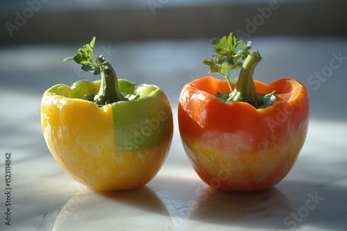 Fresh organic bell peppers, A variety of fresh organic bell peppers in vibrant colors, including red, yellow, and green, arranged on a wooden surface
