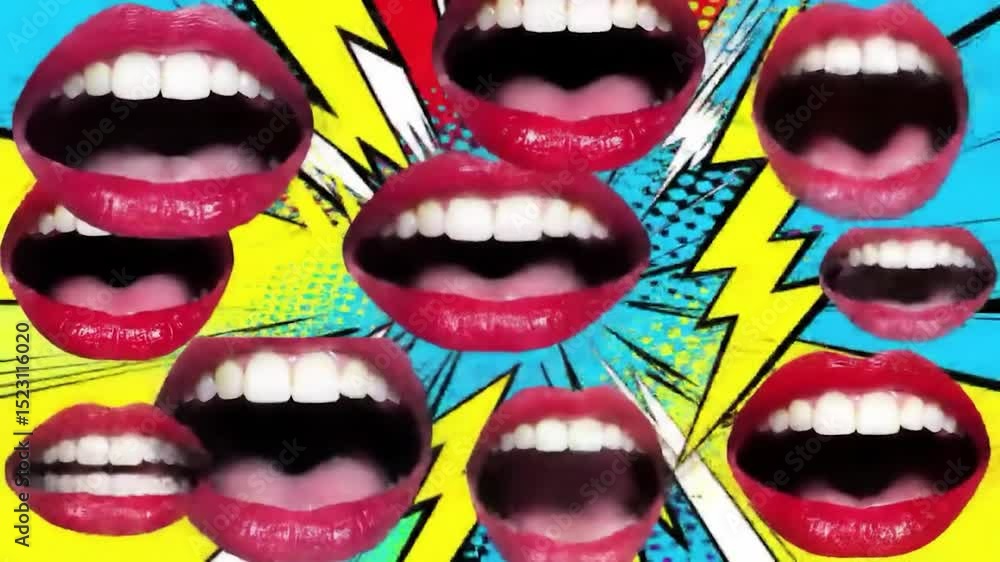 A pop art collage features open red lips with white teeth set against a vibrant, comic-book background A pop art collage features open red lips with white teeth set against a vibrant, comic-book background
