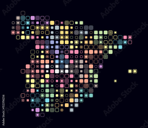 Spain, shape of the country built of colored cells. Digital style map of Spain on a dark background. Large size rounded square blocks. Abstract vector illustration.