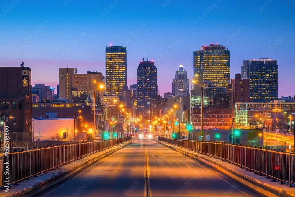 Fototapeta premium City skyline illuminated at dusk over a bridge in urban area