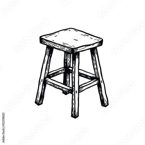 Hand-drawn wooden stool, rustic furniture illustration, simple design, copy space