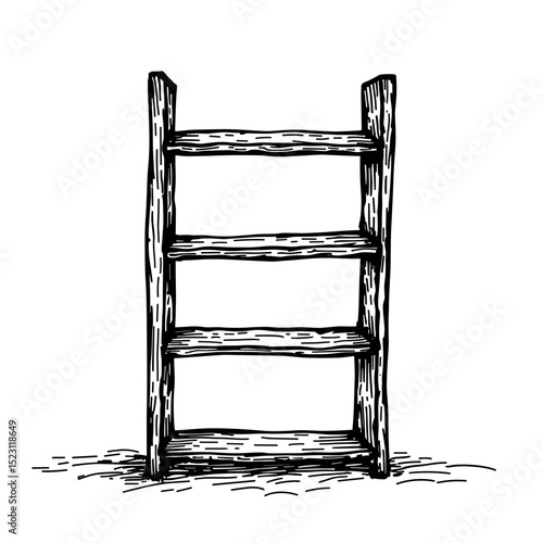 Hand-drawn wooden bookshelf, rustic furniture illustration, practical design, copy space