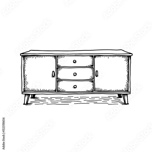 Hand-drawn wooden sideboard, vintage furniture illustration, cozy style, copy space
