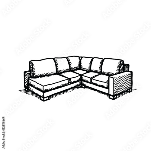 Hand-drawn sectional sofa, comfortable furniture illustration, cozy style, copy space