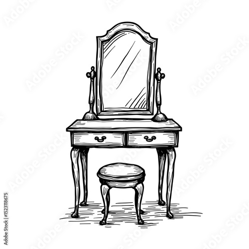 Hand-drawn vintage vanity table, elegant furniture illustration, copy space