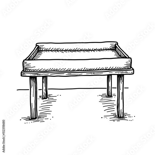 Hand-drawn wooden sandbox table, outdoor play furniture illustration, copy space