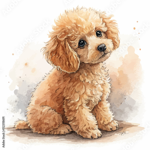 Apricot toy poodle puppy with fluffy fur and expressive eyes sitting and facing forward against a muted watercolor background.